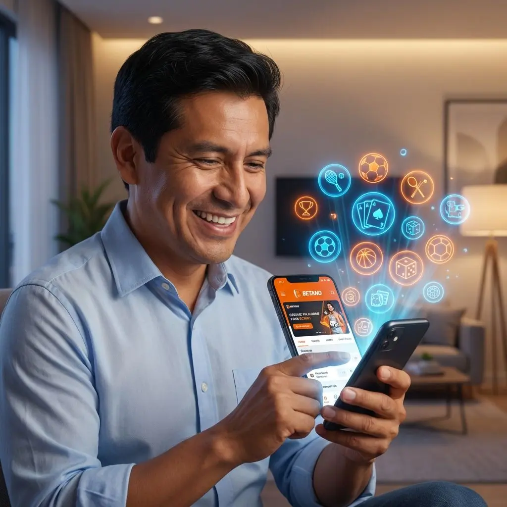 Usuario peruano usando la app móvil de Betano rodeado de iconos de casino y apuestas deportivas