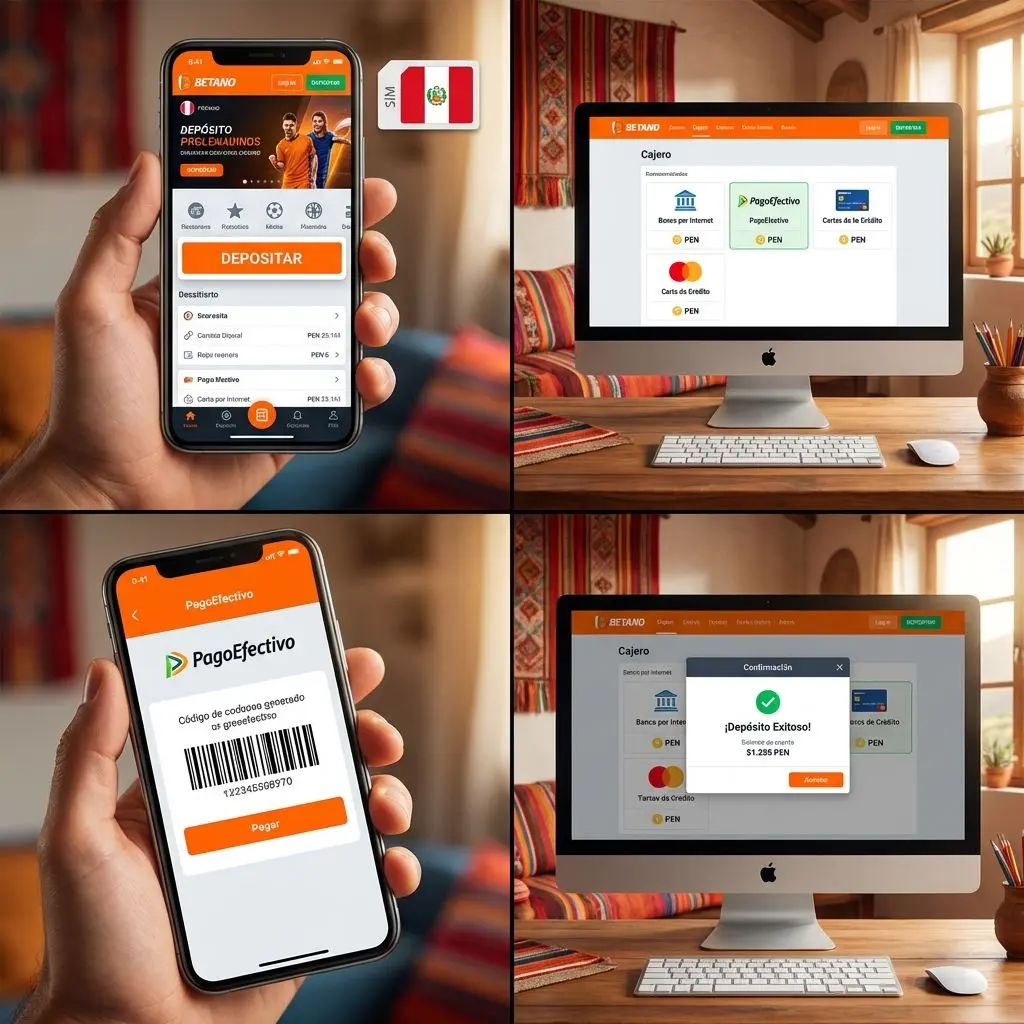 Proceso de depósito en Betano paso a paso mostrado en pantallas de móvil y ordenador.