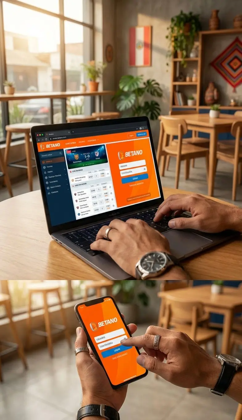 Pantalla de inicio de sesión de Betano en laptop y celular mostrando campos para usuario y contraseña