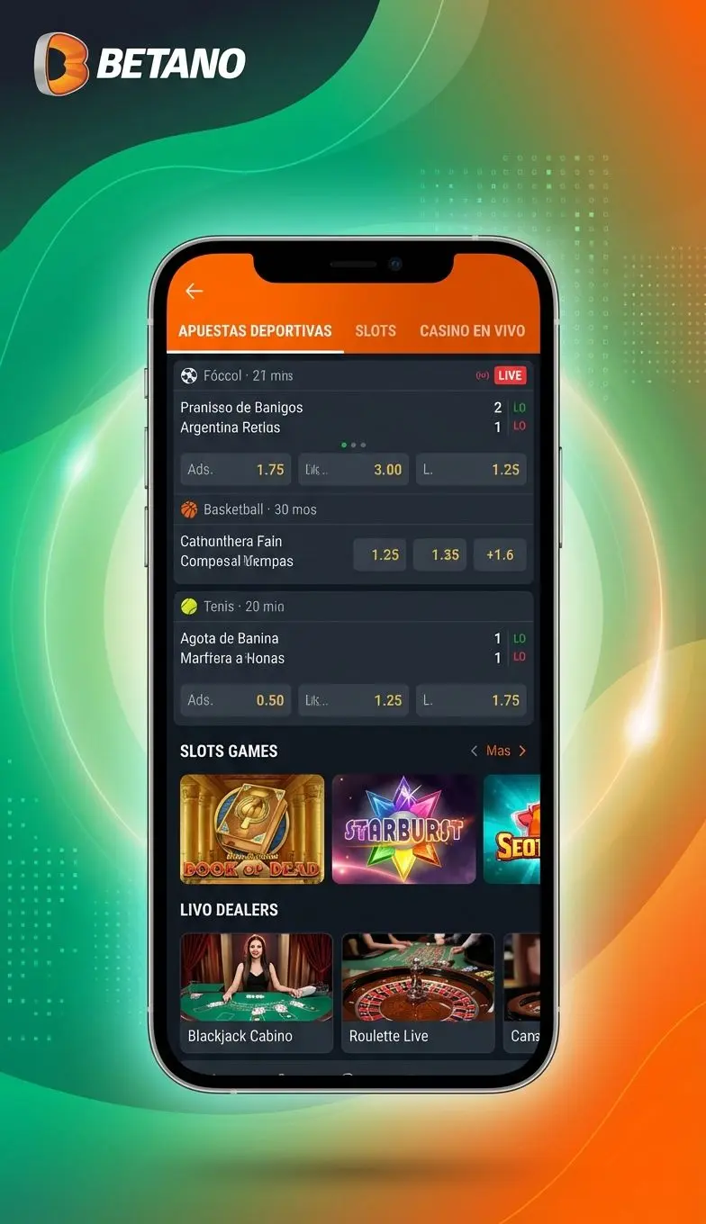 Interfaz de Betano App con menú claro de deportes y juegos de casino