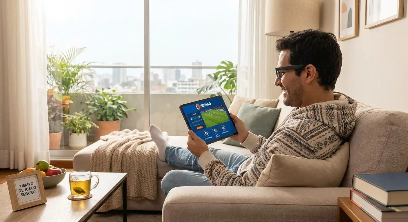 Jugador peruano interactuando de manera responsable con la plataforma Betano en un ambiente seguro y cómodo
