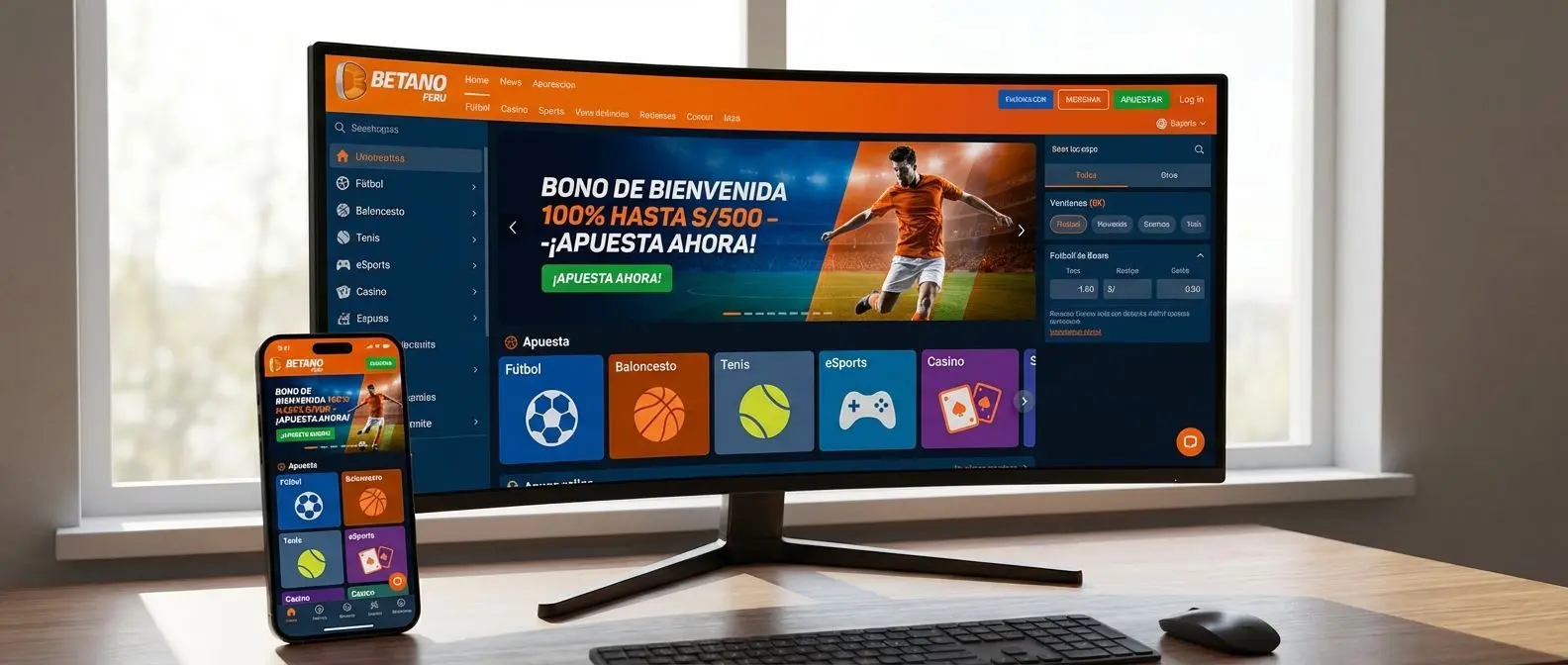 Interfaz de Betano Perú en computadora y móvil mostrando apuestas deportivas y promociones