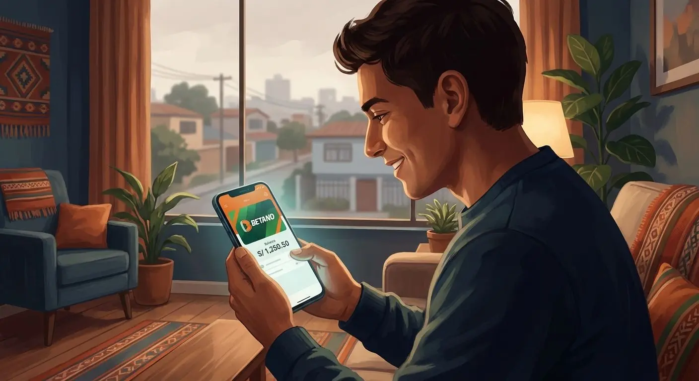Usuario peruano revisando saldo de Betano en su móvil listo para retirar ganancias