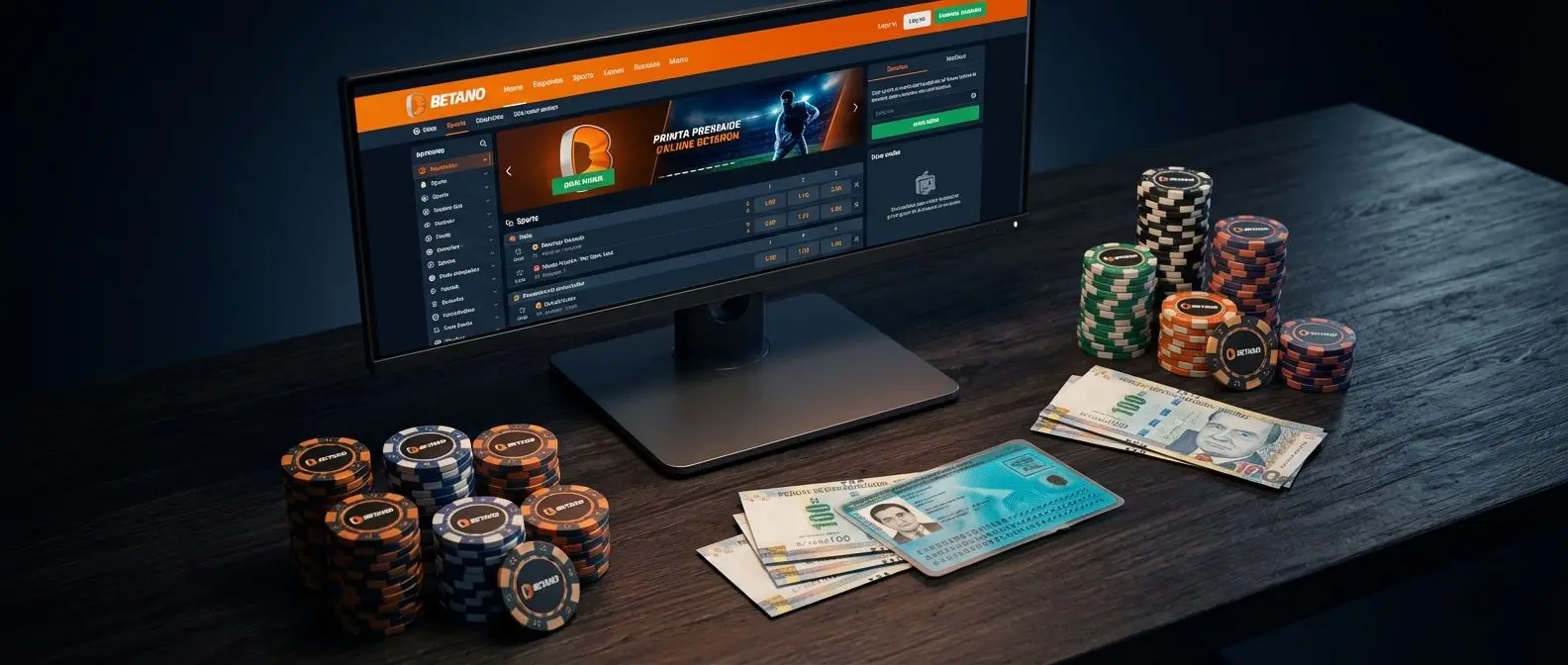 Ilustración de apuestas online con Betano Perú, chips, dinero y verificación de identidad.